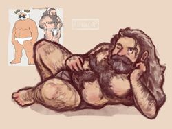  1boy armpit_hair bara beard belly briefs brown_hair come_hither dungeon_meshi dwarf elbow_rest facial_hair fake_horns foot_hair full_beard hairy hand_hair helmet highres horned_helmet horns kingcupart kui_ryouko looking_at_viewer lying male_focus male_underwear mature_male moustache official_alternate_hairstyle on_side one_eye_closed pectorals plump reference_inset senshi_(dungeon_meshi) solo thick_arm_hair thick_beard thick_chest_hair thick_leg_hair thick_mustache thick_navel_hair topless_male underwear very_hairy 