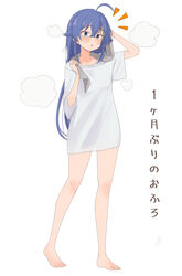  absurdres ahoge barefoot blue_eyes blue_hair blush drying drying_hair eyebrows_hidden_by_hair female flat_chest full_body hair_between_eyes highres holding holding_towel long_hair looking_at_viewer mushoku_tensei notice_lines open_mouth root_(1732050807point) roxy_migurdia shirt simple_background solo steam towel very_long_hair wet white_background white_shirt 