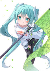  absurdres aqua_eyes aqua_hair asymmetrical_bodysuit bent_over black_bodysuit black_gloves bodysuit boots closed_mouth confession cropped_jacket feet_out_of_frame female flag flagpole flame_print gloves goodsmile_racing green_flag green_gloves hair_between_eyes hatsune_miku highres holding holding_flag holding_pole long_hair looking_at_viewer pole race_queen racing_miku racing_miku_(2022) ryaru_ryaru simple_background single_leg_bodysuit single_thigh_boot smile smiley_face solo text_print thigh_boots twintails two-tone_gloves very_long_hair vocaloid white_background 