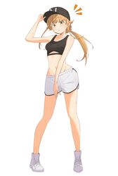  absurdres black_tank_top blonde_hair blush breasts eyebrows_hidden_by_hair female full_body green_eyes groin highres looking_at_viewer mushoku_tensei navel norn_greyrat notice_lines open_mouth ponytail root_(1732050807point) shoes shorts simple_background small_breasts sneakers solo sportswear stomach sweat tank_top white_background white_footwear white_shorts 