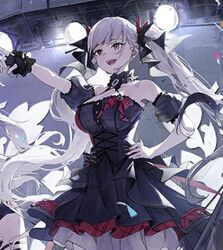  azur_lane bare_shoulders black_dress blonde_hair breasts dress formidable_(azur_lane) formidable_(muse)_(azur_lane) hair_ribbon hand_on_own_hip idol_clothes kimi_tsuru large_breasts lowres music open_mouth pointing red_eyes ribbon singing stage_lights throat_microphone twintails 