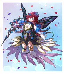  blue_eyes boots border breasts butterfly_wings cleavage commentary_request commission covered_navel detached_sleeves dress expressionless facial_mark fairy fairy_wings falling_petals female fire_emblem fire_emblem_heroes flower gradient_flower grey_sleeves hair_flower hair_ornament hair_over_one_eye hair_vines highres insect_wings large_breasts looking_at_viewer minorudonguri official_alternate_costume petals plant plant_hair simple_background skeb_commission solo sunlight thigh_boots thighhighs thorns triandra_(fire_emblem) triandra_(reverent_dream)_(fire_emblem) vines white_border wings 