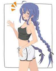  absurdres armpits black_ribbon black_tank_top blue_eyes blue_hair blush braid breasts cleavage commentary feet_out_of_frame female from_side hair_between_eyes hair_ribbon highres long_hair looking_at_viewer mushoku_tensei navel notice_lines open_mouth ribbon root_(1732050807point) roxy_migurdia shorts sideboob simple_background small_breasts solo stomach tank_top twin_braids very_long_hair waving white_background white_shorts 