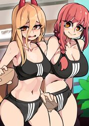  2020s 2023 adidas anime big_breasts bongfillstudent breast_envy chainsaw_man demon demon_girl demon_horns different_breast_sizes huge_breasts makima_(chainsaw_man) medium_support_(meme) meme power_(chainsaw_man) red_hair shiny_skin sports_bra sportswear straight_hair strawberry_blonde_hair twitter_link twitter_meme 