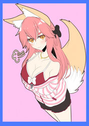  :3 animal_ear_fluff animal_ears black_ribbon blush bra breasts cleavage collarbone fate/extella fate/extra fate/extra_ccc fate/grand_order fate_(series) female fox_ears fox_girl fox_tail large_breasts long_hair looking_at_viewer looking_up official_alternate_costume open_clothes open_shirt pink_background pink_bra pink_hair puff_of_air ribbon shirt simple_background solo striped_clothes striped_shirt tail tamamo_(fate) tamamo_no_mae_(fate/extra) tamamo_no_mae_(spring_casual)_(fate) totororo underwear yellow_eyes 