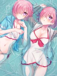  2girls alternate_costume bikini bikini_bottom_only blue_jacket blush breasts cleavage closed_mouth collarbone commentary_request covered_navel dress dress_swimsuit fate/grand_order fate_(series) grey_jacket hair_over_one_eye harukappa highres hood hood_down hooded_jacket jacket long_sleeves looking_at_viewer lying mash_kyrielight mash_kyrielight_(swimsuit_of_perpetual_summer) mash_kyrielight_(swimsuit_of_perpetual_summer_ver.02) medium_breasts multicolored_bikini multicolored_clothes multicolored_jacket multicolored_swimsuit multiple_girls navel official_alternate_costume one_eye_covered open_clothes open_jacket open_mouth parted_lips partially_submerged purple_eyes see-through short_hair short_sleeves striped_bikini striped_clothes swimsuit swimsuit_cover-up two-tone_jacket water wet wet_clothes wet_jacket white_bikini white_dress white_jacket 