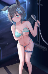  absurdres animal_ears bikini blue_bikini blue_eyes breasts dongyue_sakura female flower grabbing_own_breast grey_hair hair_flower hair_ornament highres holding holding_shower_head horse_ears horse_girl leg_ribbon medium_breasts ribbon seiun_sky_(umamusume) short_hair shower_head showering swimsuit thigh_ribbon umamusume 