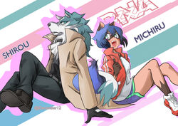  5_fingers absurd_res anthro bent_legs black_nose blue_body blue_eyes blue_fur blue_hair bottomwear brand_new_animal breasts brown_body brown_fur canid canine canis character_name clothed clothing coat collar crossed_legs december12 dolphin_shorts duo english_text female fingers fluffy fluffy_tail footwear fully_clothed fur gloves hair handwear hi_res jacket leg_over_thigh male mammal michiru_kagemori open_clothing open_jacket open_mouth open_smile open_topwear planted_leg planted_legs raccoon_dog shirou_ogami shoes short_hair shorts sitting smile studio_trigger tail tail_on_tail tanuki text topwear white_body white_fur wolf 