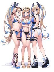  3girls ass bikini black_gloves blonde_hair blue_bikini blue_eyes blue_hair blue_one-piece_swimsuit breasts cleavage competition_swimsuit fingerless_gloves flower gloves hair_flower hair_ornament high_heels highres jewelry legs long_hair looking_at_viewer medium_breasts morros multi-strapped_bikini multi-strapped_bikini_bottom multicolored_hair multiple_girls navel necklace o-ring o-ring_bikini one-piece_swimsuit original platform_footwear platform_heels ponytail pouch sandals sideboob star_(symbol) star_necklace stomach strappy_heels streaked_hair sunflower swimsuit thigh_pouch toes twintails v 