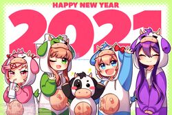  2021 4girls :d ;d ^_^ animal_costume arm_up bad_id bad_pixiv_id blue_eyes brown_hair chibi closed_eyes commentary_request cow_costume cow_hood cup dated doki_doki_literature_club drawstring drinking drinking_glass drinking_straw facing_viewer green_eyes happy_new_year long_hair looking_at_viewer milk monika_(doki_doki_literature_club) multiple_girls nan_(gokurou) natsuki_(doki_doki_literature_club) new_year one_eye_closed open_mouth pink_eyes pink_hair purple_hair sayori_(doki_doki_literature_club) short_hair sidelocks smile stuffed_cow twitter_username watermark waving yuri_(doki_doki_literature_club) 