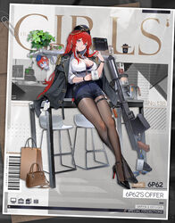  6p62 6p62_(6p62&#039;s_offer)_(girls&#039;_frontline) 6p62_(girls&#039;_frontline) :&lt; adjusting_hair bag barcode black_choker black_footwear black_hat black_jacket black_pantyhose blue_eyes blue_shorts book bra breasts brown_bag buckle chair character_doll character_name chest_strap choker cleavage coffee_maker coffee_pot commentary company_logo copyright_name crossed_ankles ear_piercing earrings english_commentary epaulettes female full_body garrison_cap girls&#039;_frontline gold_trim hair_between_eyes hair_ornament hairclip handbag hat high_collar high_heels highres jacket jacket_on_shoulders jewelry key lace-trimmed_bra lace_trim lanyard large_breasts leaning_on_table long_hair long_sleeves looking_at_viewer office_lady official_alternate_costume official_art pantyhose paperclip parted_lips partially_unbuttoned picture_frame piercing plant potted_plant promotional_art red_hair second-party_source shirt shorts smile snap-fit_buckle solo sticky_note thigh_strap underwear very_long_hair watch white_shirt wristwatch yoyo_(550098) 