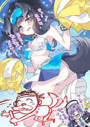  1boy 2girls animal_ears ass balloon black_gloves black_hair blue_archive blue_eyes blush breasts cheerleader clothes_writing cloud commentary_request crop_top dog_ears dog_girl dog_tail doodle_sensei_(blue_archive) gloves goggles goggles_on_head halo hibiki_(blue_archive) hibiki_(cheer_squad)_(blue_archive) highres holding holding_pom_poms licking long_hair medium_breasts millennium_cheerleader_outfit_(blue_archive) miniskirt multiple_girls official_alternate_costume open_mouth panties pom_pom_(cheerleading) ponytail purple_hair saliva sensei_(blue_archive) skirt sky star_(symbol) sticker sticker_on_face super_zombie tail tail_wagging tears translation_request twitter_username two_side_up underwear white_panties yuuka_(blue_archive) 