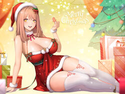  2r-_(pixiv8168114) absurdres bag bare_shoulders belt black_belt box breasts christmas christmas_tree dress earrings emma_(color_me_red)_(nikke) emma_(nikke) feet_out_of_frame female fur-trimmed_dress fur_trim gift gift_box gingerbread_man goddess_of_victory:_nikke hands_up hat high_heels highres holding jewelry light_brown_hair long_hair looking_at_viewer merry_christmas neck_ribbon official_alternate_costume open_mouth panties pantyshot pom_pom_(clothes) red_dress red_footwear red_panties red_ribbon ribbon santa_hat sitting sleeveless sleeveless_dress smile snowflakes solo sparkle teeth thick_thighs thighhighs thighs underwear upper_teeth_only 