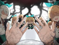  1other 6+girls bare_shoulders black_gloves blonde_hair bow character_name chibi coat commentary dress elbow_gloves english_commentary faceless faceless_female gloves green_ribbons green_skirt grey_hair hairbow hands_up highres lendivere long_hair multiple_girls multiple_persona nijisanji nijisanji_en no_eyes open_mouth parody pointy_ears pomu_rainpuff pomu_rainpuff_(1st_costume) popped_collar pov ribbon shaded_face skirt smile smirk style_parody virtual_youtuber walfie_(style) white_hair 