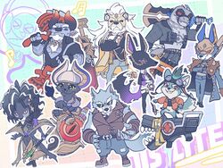  absurdres alolin_(pazuzu)_(dislyte) animal_ears axe bare_pectorals boomboom brewster_(garmr)_(dislyte) cane cat_boy cat_tail chibi claws commentary_request cow_boy cow_ears cow_horns crocodile_boy crocodilian_tail daylon_(sobek)_(dislyte) dislyte djoser_(atum)_(dislyte) drew_(anubis)_(dislyte) fingerless_gloves freddy_(fenrir)_(dislyte) furry furry_male gloves goggles goggles_on_head hand_on_own_chin highres holding holding_axe holding_cane holding_mace holding_sword holding_weapon horns jackal_boy jackal_ears javid_(shamash)_(dislyte) lion_boy lion_ears lion_tail looking_at_viewer male_focus mask monocle multiple_boys pectorals raised_eyebrow reptile_boy rocket_launcher sander_(set)_(dislyte) strap sunglasses sword tail tenshuu93 tevor_(sphinx)_(dislyte) weapon wolf_boy wolf_ears wolf_tail 