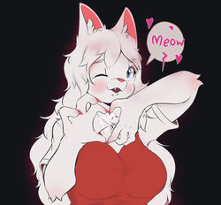  anthro big_breasts biped black_background black_outline blue_eyes blush breasts clothed clothing cute_fangs digital_media_(artwork) domestic_cat felid feline felis female front_view fully_clothed gesture glowing_outline hair half-length_portrait hand_heart hi_res mammal meow one_eye_closed oumseven outer_highlight outline pink_nose portrait red_clothing red_outline red_topwear simple_background solo speech_bubble tight_clothing tight_topwear topwear white_body white_hair wink 