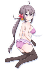  absurdres ahoge akebono_(kancolle) akebono_kai_ni_(kancolle) akebono_kai_ni_(swimsuit_mode)_(kancolle) ass bell bikini black_gloves black_thighhighs breasts commentary_request dated female flower frilled_bikini frills from_behind gloves hair_bell hair_flower hair_ornament highres jingle_bell kantai_collection kneeling long_hair looking_at_viewer masara_(chuujou) medium_breasts one-hour_drawing_challenge pink_bikini purple_eyes purple_hair romaji_text side_ponytail simple_background solo swimsuit thighhighs twitter_username very_long_hair white_background 