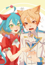  ! 1boy ? ?? absurdres aiguillette animal_ears animal_print ascot bad_id bad_pixiv_id beam107 blue_hair bow bowtie brooch buttons cat_ears cat_print cat_tail clenched_hand clothing_cutout collared_jacket commentary dot_nose double-breasted dress fangs female flat_chest green_eyes hair_between_eyes hair_ornament hatsune_miku highres jacket jewelry long_hair ok_sign open_mouth orange_hair paw_print paw_print_background pom_pom_(clothes) pom_pom_hair_ornament project_sekai red_bow red_bowtie red_dress short_sleeves side-by-side smile sparkle sparkling_eyes star_cutout straight_hair striped_clothes striped_dress sweatdrop tail tenma_tsukasa tsurime twintails v-shaped_eyebrows vertical-striped_clothes vertical-striped_dress very_long_hair vocaloid white_ascot white_jacket wing_collar wonderlands_x_showtime_(project_sekai) wonderlands_x_showtime_miku yellow_eyes 