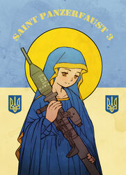  acea4 blue_cloak brown_eyes cloak closed_mouth coat_of_arms commentary_request female flag_background halo halo_behind_head holding holding_rocket_launcher holding_weapon long_sleeves looking_at_viewer military original panzerfaust_3 rocket_launcher russo-ukrainian_war saint simple_background solo st._javelin tryzub ukrainian_flag upper_body virgin_mary weapon wide_sleeves 