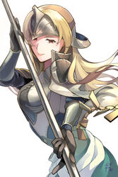  armor blonde_hair breastplate brown_eyes brown_gloves cape capelet female fire_emblem fire_emblem_echoes:_shadows_of_valentia gloves helm helmet highres holding holding_polearm holding_weapon long_hair looking_at_viewer mathilda_(fire_emblem) polearm shoulder_armor solo tarayuki weapon white_background 