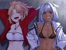  2girls abs animal_ears arms_behind_head arms_up bandeau bikini bikini_top_only black_bikini blonde_hair blue_eyes bodypaint breasts caenis_(fate) cleavage closed_eyes collarbone commentary cowboy_shot dark-skinned_female dark_skin dog_ears dog_tags fate/grand_order fate_(series) grin halterneck hands_on_own_hips jacket jewelry lips long_sleeves looking_at_viewer medium_breasts medium_hair midriff mikan_(chipstar182) mordred_(fate) mordred_(fate/apocrypha) mordred_(memories_at_trifas)_(fate) multiple_girls navel necklace oerba_yun_fang open_clothes open_jacket open_mouth parted_bangs parted_lips ponytail red_jacket shade shadow short_hair side-by-side smile strapless studded studs sunlight swimsuit teeth toned tongue trait_connection tsurime tube_top white_hair white_jacket 