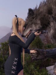  3:4 3d_(artwork) accessory anthro black_body black_claws black_fur blonde_hair bow_ribbon canid canine canis changeling_(world_of_darkness) claws closed_eyes clothed clothing day dead_or_alive_(series) digital_media_(artwork) duo female foreheads_touching fur grey_body grey_fur guntherthespelunker hair hair_accessory hair_ribbon hairbow hakken_(world_of_darkness) hand_holding hi_res human long_hair male male/female mammal marie_rose mountain mythological_canine mythological_creature mythology plant ribbons romantic scratching sky smile standing sweater teeth topwear tree twintails were werecanid werecanine werewolf werewolf_the_apocalypse white_wolf_publishing wolf world_of_darkness_(series) 