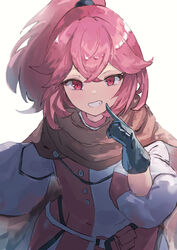  anna_(fire_emblem) black_gloves brown_cape cape cola_bcde commentary dress female fire_emblem fire_emblem_engage gloves grin long_hair long_sleeves looking_at_viewer pink_eyes pink_hair ponytail smile solo two-tone_dress upper_body white_dress 