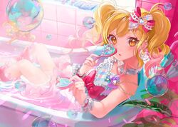  aikatsu!_(series) aikatsu_stars! armlet bath bathroom bathtub blush bow bubble candy clothed_bath earrings female food hair_ornament hairbow heart heart_earrings heart_hair_ornament highres jewelry nijino_yume pink_theme plant slipper_bathtub water 