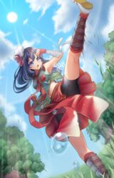  armpits bad_id bad_pixiv_id bandaged_arm bandages bike_shorts black_hair black_shorts blue_eyes blue_sky blush breasts clenched_hand cloud commentary_request day dew_drop female fingerless_gloves full_body gloves grass green_shirt hair_between_eyes hat kicking long_hair looking_to_the_side medium_breasts midriff_peek navel open_mouth outdoors ragnarok_online red_gloves red_skirt rifu_skr shin_guards shirt shorts signature skirt sky sleeveless sleeveless_shirt solo standing sun taekwon_(ragnarok_online) tree water water_drop white_footwear white_hat 