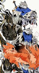  1other 2boys ambiguous_gender animal armor blaidd_the_half-wolf bloody_wolf_(elden_ring) breastplate cloak covered_eyes drenched-in-sunlight elden_ring full_armor fur_cloak furry furry_male hand_on_another&#039;s_head helmet highres maliketh_the_black_blade multiple_boys red_wolf_of_radagon simple_background sweatdrop tarnished_(elden_ring) upper_body weapon weapon_on_back white_background wolf wolf_boy 