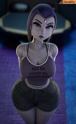  1girls 3d 3d_(artwork) arms_behind_back big_breasts big_thighs blender_(software) blurry_background bra_strap breasts busty cleavage clothed clothing curvy curvy_body curvy_hips dc eyebrows eyeshadow female female_only forehead_jewel fully_clothed grey_body grey_skin half-closed_eyes head_tilt humanoid jean_shorts legs_together lips looking_at_viewer makeup mascara parted_lips purple_hair rachel_roth raven_(dc) short_hair shorts smitty34 solo solo_female standing superheroine tank_top teen_titans voluptuous voluptuous_female 