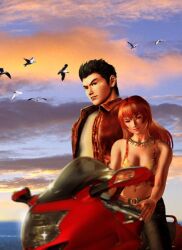  1boy bird denim female hazuki_ryou jacket jeans joy joy_(shenmue) midriff motor_vehicle motorcycle pants ryo_hazuki seagull sega shenmue shenmue_ii sunset vehicle 