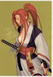  amputee angry arc_system_works baiken border breasts bridal_gauntlets cleavage clenched_teeth erect_nipples facial_mark female forehead_mark guilty_gear haori highres japanese_clothes juntsukasa large_breasts lipstick long_hair looking_at_viewer looking_back makeup no_bra obi one-eyed open_clothes open_shirt payot ponytail profile red_eyes red_hair red_lipstick samurai sash scan scar scrunchie sheath shirt sidelocks signature simple_background solo standing sword teeth torn_clothes translation_request tsukasa_jun weapon wide_sleeves 