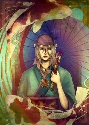  1boy animal apothecary bandana bandana blonde_hair blue_eyes do-rag face_paint facepaint facial_mark fish japanese_clothes kimono kusuriuri kusuriuri_(mononoke) lipstick long_hair makeup male male_focus mononoke obi pointy_ears portrait sash solo sword umbrella weapon 