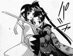  hug japanese_clothes kimono konoe_konoka lowres mahou_sensei_negima mahou_sensei_negima! sakurazaki_setsuna shinsengumi sword weapon 