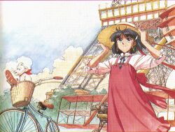  airplane bicycle black_hair blue_eyes bread dress earrings eiffel_tower food france fushigi_no_umi_no_nadia hat jewelry king king_(nadia) nadia paris sky smile straw_hat strawhat 