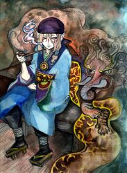  1boy animal apothecary bandana bandana blonde_hair blue_eyes bow do-rag face_paint facepaint facial_mark full_body geta japanese_clothes kimono kusuriuri kusuriuri_(mononoke) lipstick long_hair makeup male male_focus mononoke nail_polish nue obi pipe pointy_ears sash smoke solo 