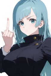  1girls ai_generated big_breasts blue_eyes blue_hair cute_face cute_girl female female_only huge_breasts human jujutsu_kaisen kasumi_miwa middle_finger nail_polish pout pouting school_uniform schoolgirl solo 