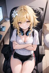  1girls 2023 ai_generated bangs blonde_hair booty_shorts chair cleavage clothed_female flower_in_hair gaming_chair genshin_impact headphones headphones_around_neck lumine_(genshin_impact) short_hair short_shorts shorts stable_diffusion tagme yellow_eyes 