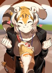  1girls anthro arknights big_breasts breasts crepe eyes_closed female happy looking_at_viewer looking_down mx99926 oc short_hair sole_female solo solo_female solo_focus tail thick_thighs tiger tiger_ears tiger_girl tiger_print tiger_stripes tiger_tail wholesome wide_hips 