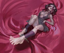  after4 barely_clothed bed bed_sheet briar_(league_of_legends) dress feet feet_up league_of_legends licking long_tongue looking_at_viewer lying lying_on_back lying_on_bed pink_eyes ragged_clothing red_background red_hair sharp_teeth smiling smiling_at_viewer thighs tongue tongue_out vampire vampire_girl white_eyes white_hair 