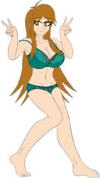  barefoot bra bra_strap brown_eyes brown_hair double_peace_sign huge_breasts leanne_greenleaf long_hair original panties peace_sign smile spark_knight 