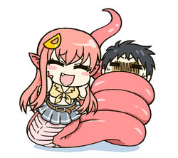  1boy :d black_hair blush_stickers chibi closed_eyes commentary constriction female hair_ornament hairclip hands_on_own_cheeks hands_on_own_face iriomote kurusu_kimihito lamia long_hair miia_(monster_musume) monster_girl monster_musume_no_iru_nichijou oerba_yun_fang open_mouth photoshop_(medium) pointy_ears red_hair shirt short_hair simple_background smile snake_bondage sweat tied_shirt white_background 