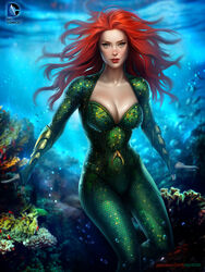  aquaman_(series) atlantis ayya_sap blue_theme breasts cleavage commentary_request dc_comics female green_theme looking_at_viewer mera_(dc) photoshop_(medium) queen red_hair solo underwater 