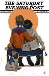  arm_around_waist back bench black_hair blonde_hair byan_lee canine couple dated female head_on_shoulder headband hood hoodie hyuuga_hinata naruto pakkun realistic simple_background sitting uzumaki_naruto 