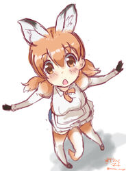  :o absurdres apron blush commentary_request denim denim_shorts female from_above gloves highres juliet_sleeves kangaroo_girl kemono_friends long_sleeves looking_at_viewer manabe_mana multicolored_hair neck_ribbon open_mouth orange_hair outstretched_arms puffy_sleeves red_kangaroo_(kemono_friends) ribbon short_hair short_shorts shorts signature solo tail thighhighs twintails twitter_username white_hair 