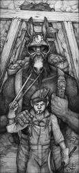  2016 5_fingers anthro armor asinus backpack bridle child_labor cigarette closed_eyes clothed clothing coal collarbone detailed_background donkey duo equid equine fingers front_view gloves graphite_(artwork) greyscale halter hand_on_arm hand_on_shoulder handwear harness hat headgear headwear helmet hi_res holding_object holding_pickaxe holding_tool human lamp lolicon male mammal mine miner monochrome muscular muscular_anthro muscular_male ore overalls pencil_(artwork) pickaxe reins rock shirt signature simul skinny skinny_human skinny_male smoking snout standing straps tools topless topwear traditional_media_(artwork) work young 