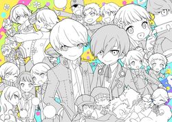  6+boys 6+girls aegis_(persona) amada_ken amagi_yukiko android aragaki_shinjirou beanie canine collar commentary_request corn_dog elizabeth_(persona) everyone flower gekkoukan_high_school_uniform hair_flower hair_ornament hairband hanamura_yousuke hand_on_another&#039;s_shoulder hat headphones headphones_around_neck iori_junpei kirijou_mitsuru koromaru_(persona) kujikawa_rise kuma_(persona_4) long_hair margaret_(persona) marie_(persona_4) multiple_boys multiple_girls narukami_yuu persona persona_3 persona_4 persona_4_the_golden persona_q:_shadow_of_the_labyrinth persona_q_(series) rei_(persona_q) ron_(lovechro) s.e.e.s sanada_akihiko satonaka_chie school_uniform serafuku shirogane_naoto short_hair skirt spiked_collar spikes tatsumi_kanji theodore_(persona) twintails yamagishi_fuuka yasogami_school_uniform yukari_takeba yuuki_makoto_(persona_3) zen_(persona_q) 