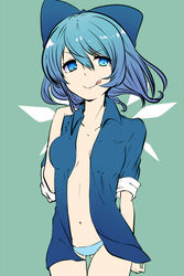  :q blue_bow blue_eyes blue_hair blue_panties bow cirno collarbone commentary_request female hairbow highres ice ice_wings navel negiko no_bra open_clothes open_shirt panties shirt short_hair solo tongue tongue_out touhou underwear wings 