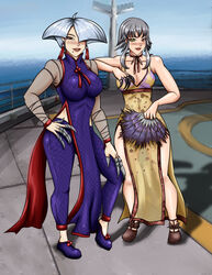  2girls a.k.i. asian bladed_fan bladed_fingers bladed_weapon blush breasts capcom chinese chinese_clothes chinese_dress clawed_fingers clawed_gauntlets claws cleavage clothed colored crossover crossover_pairing death_by_degrees deviantart fan female female_only finger_claws fully_clothed hand_fan heterochromia human kyunamaori lana_lei looking_at_viewer ocean_background red_eyes short_hair silver_hair smile street_fighter street_fighter_6 street_fighter_x_tekken tekken tekken_x_street_fighter video_games white_hair 